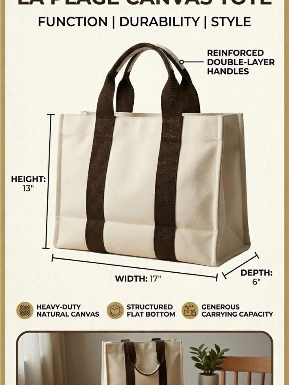 Canvas Beach Tote Cream/Brown - Picture 1 of 11